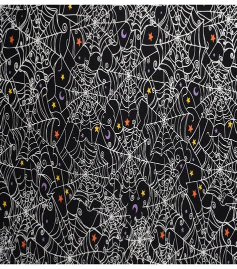 Halloween Spider Web & Stars On Black Cotton Fabric 